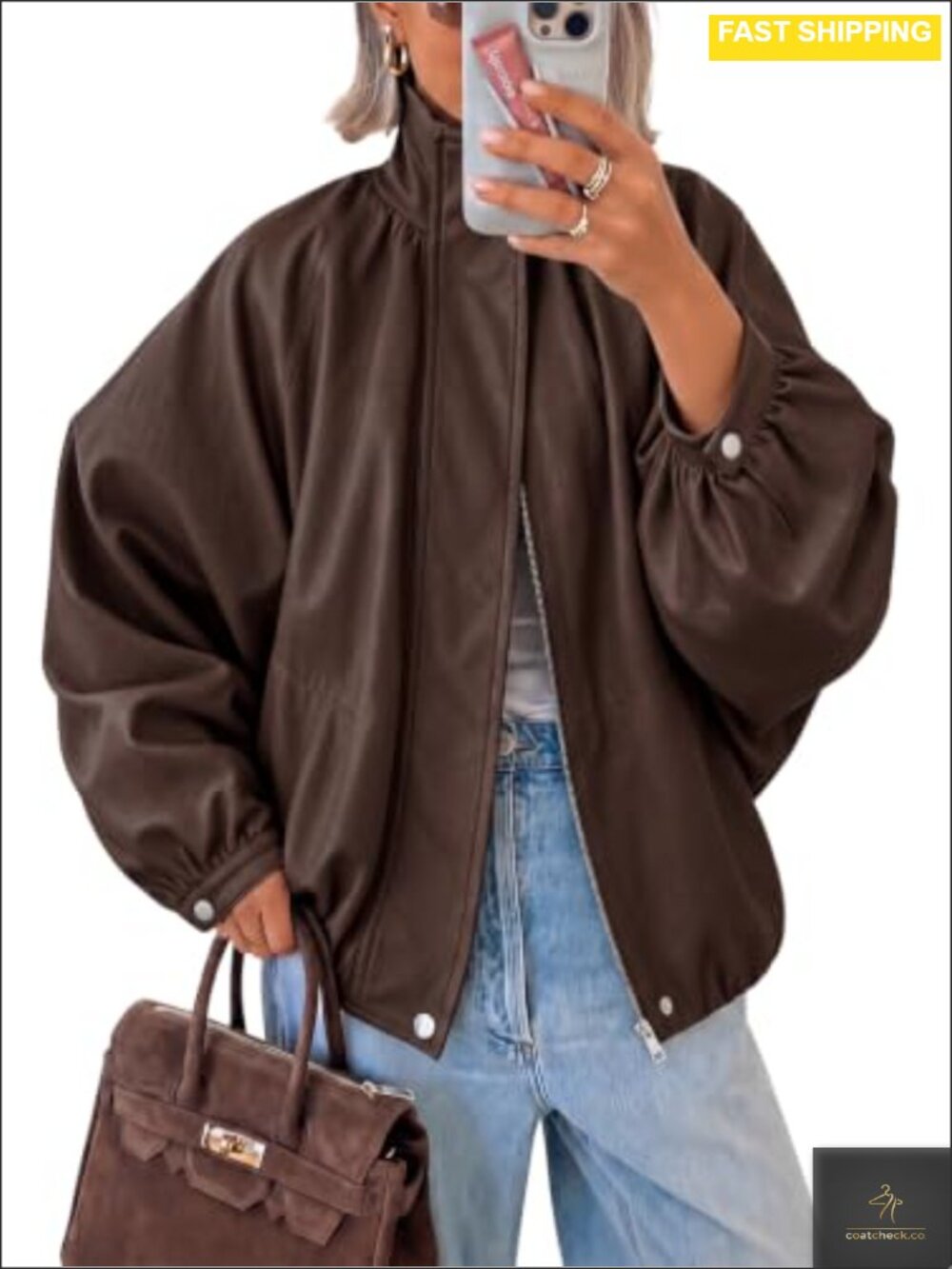Faux Leather Bomber Jacket Pleated Puff Sleeve Zip Fall Coat